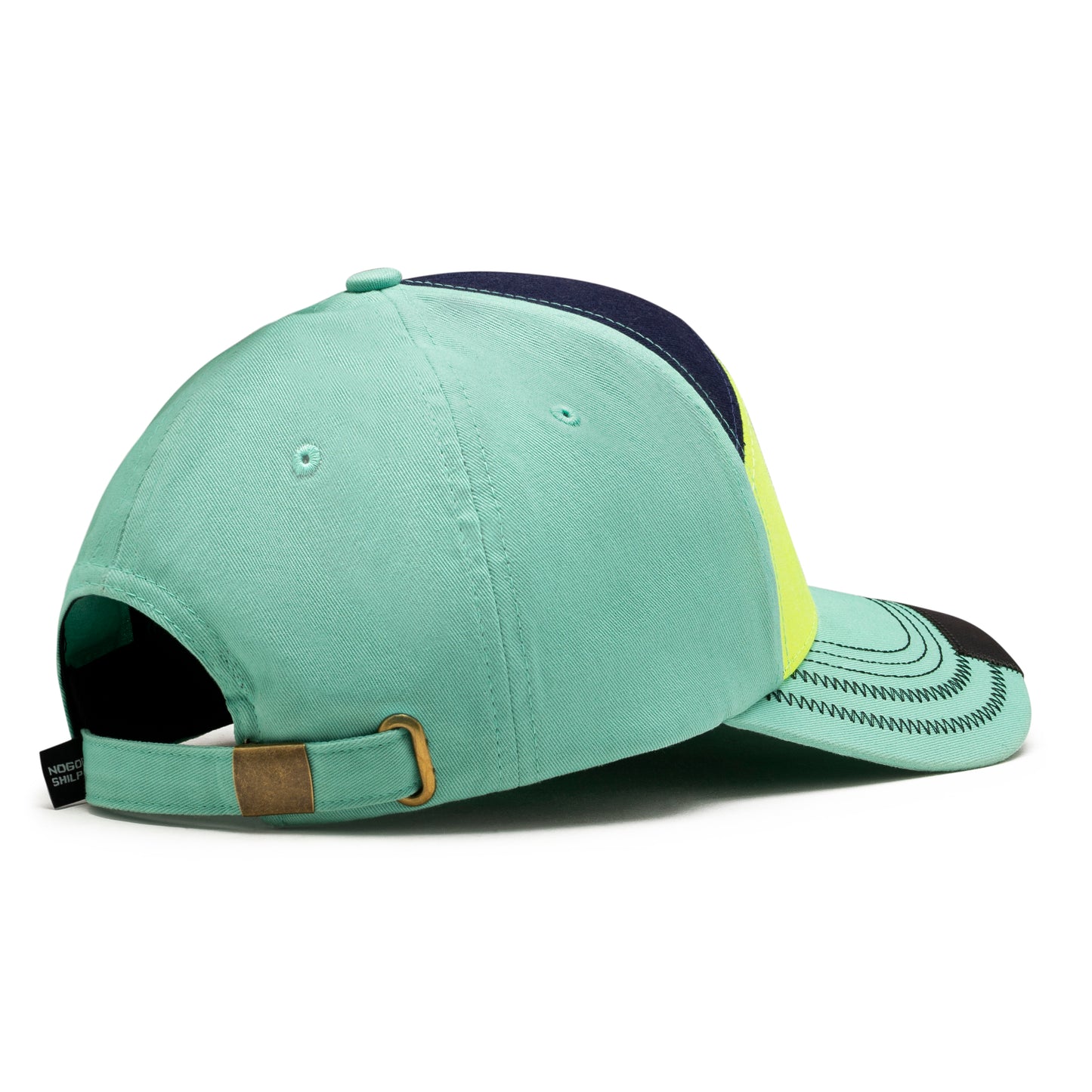 Green baseball cap with a brown strap on a white background