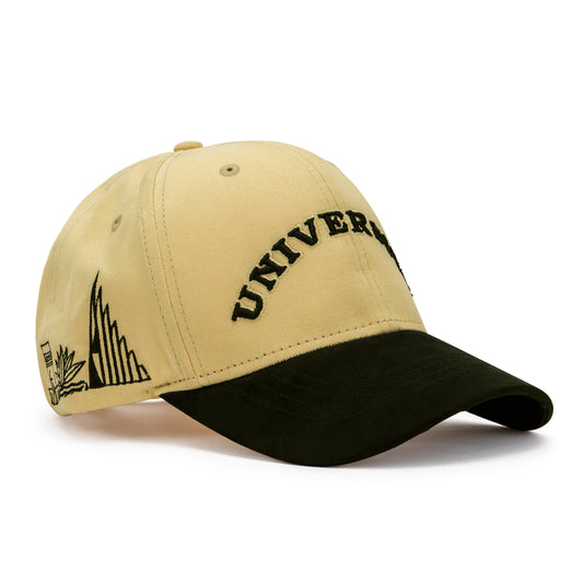 Beige and black cap with 'UNIVERSITY' text on a white background