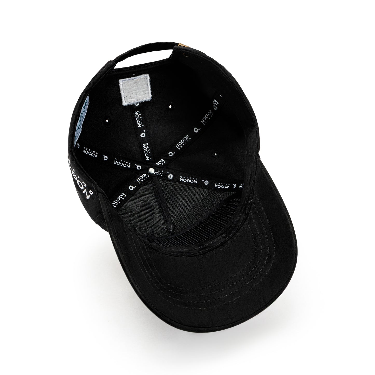 Black cap with white text on a white background