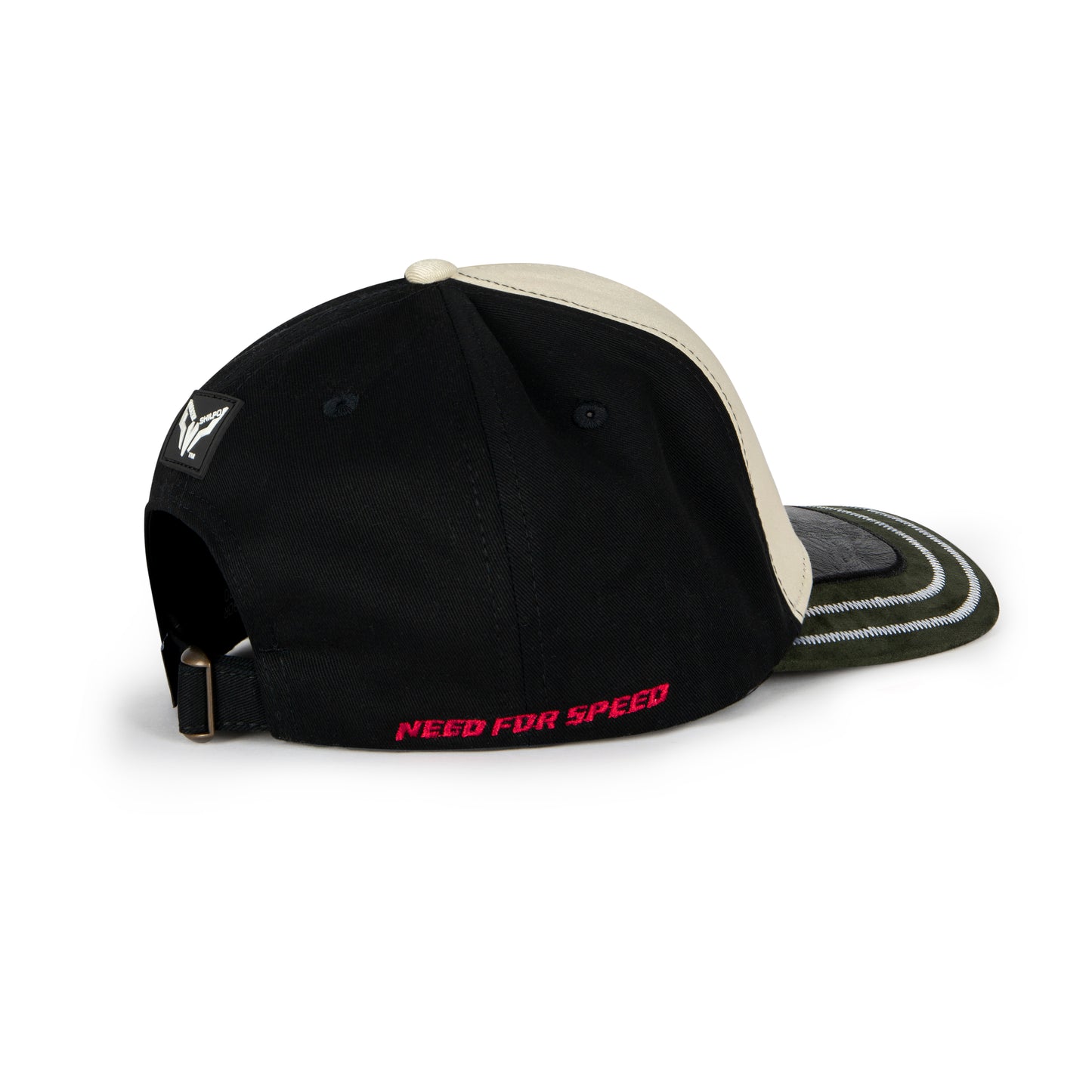 Black cap with white visor and red text on a white background