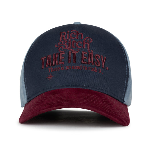 NAVY & MAROON WITH SUEDE BRIM & "TAKE IT EASY"