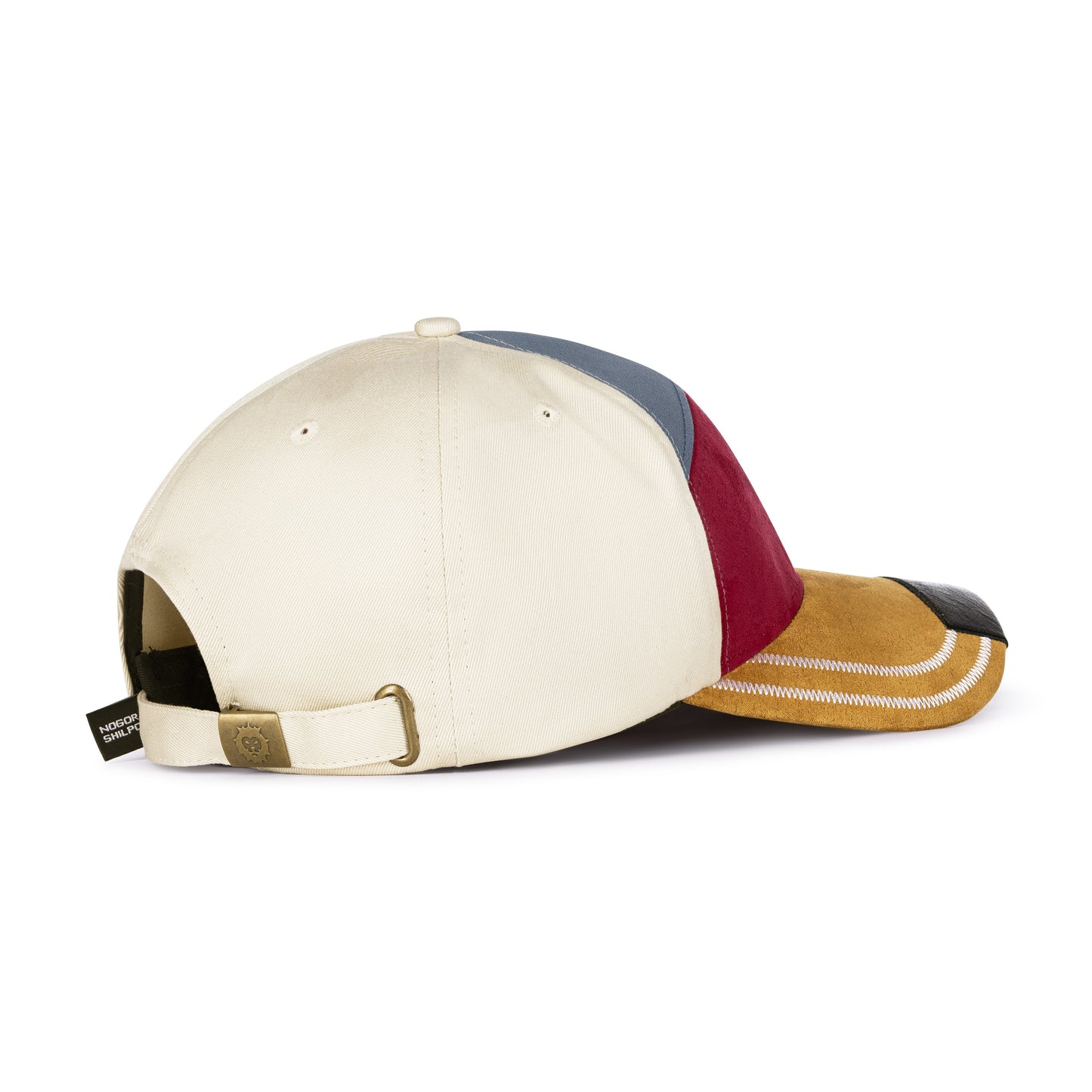 Multicolored baseball cap with a visible brand tag on a white background