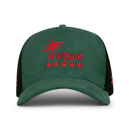 Green cap with red 'Wanted' text and star design on a white background