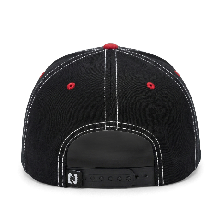 Black cap with red buttons on a white background