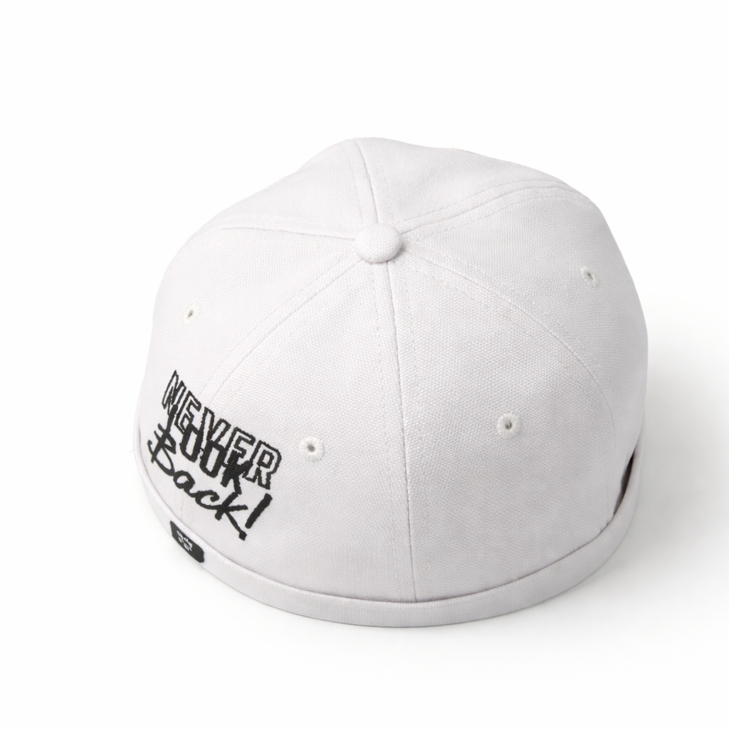 White cap with text on a white background