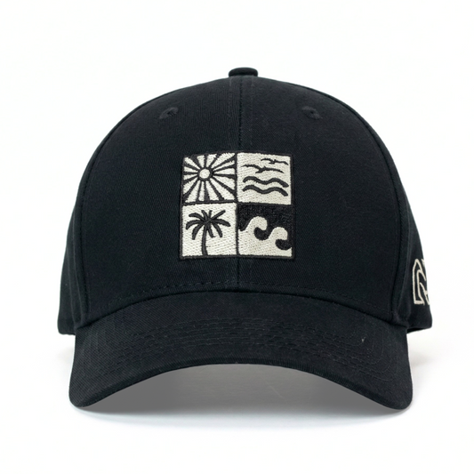 Black cap with white logo on a white background