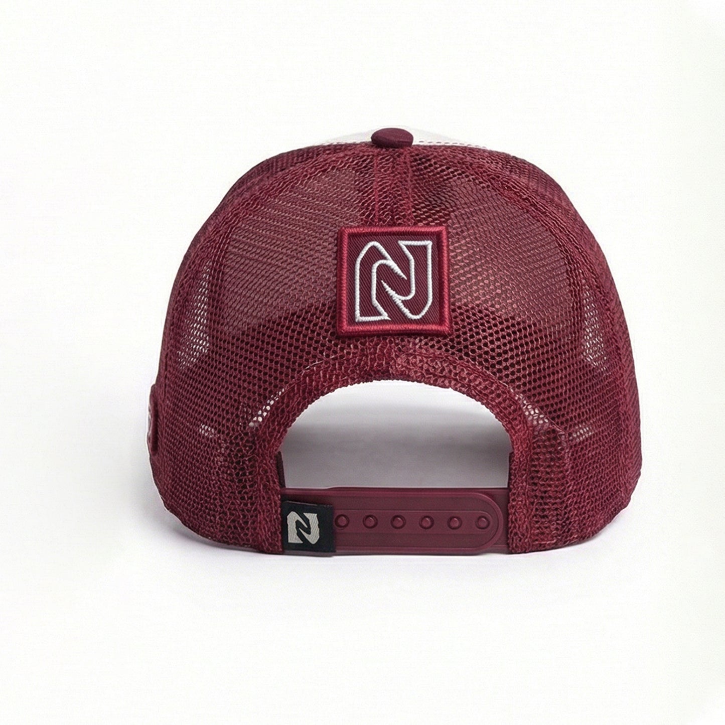 Maroon mesh cap with a logo on the back against a white background
