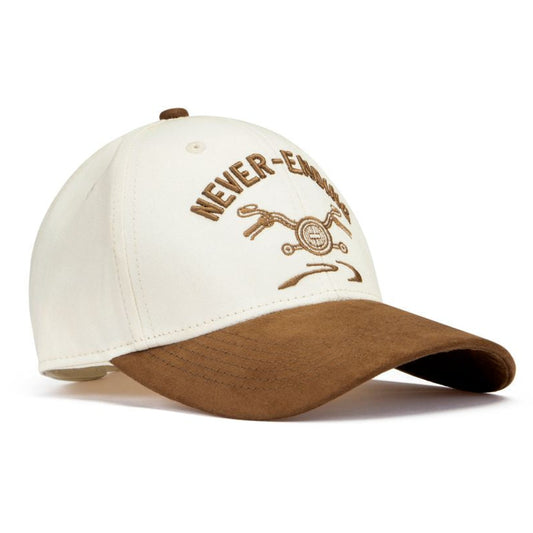 White and brown cap with 'Never-End' text and logo on a white background
