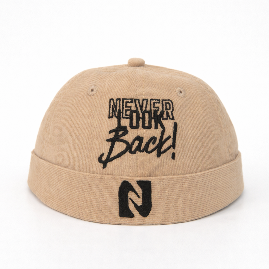 Beige cap with black text and logo on a white background