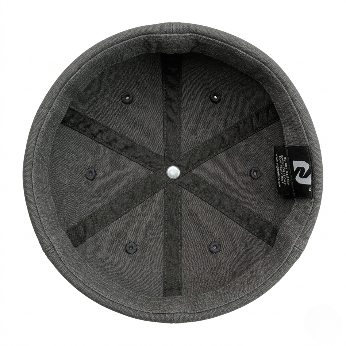 Gray cap with black accents and a brand logo on a white background