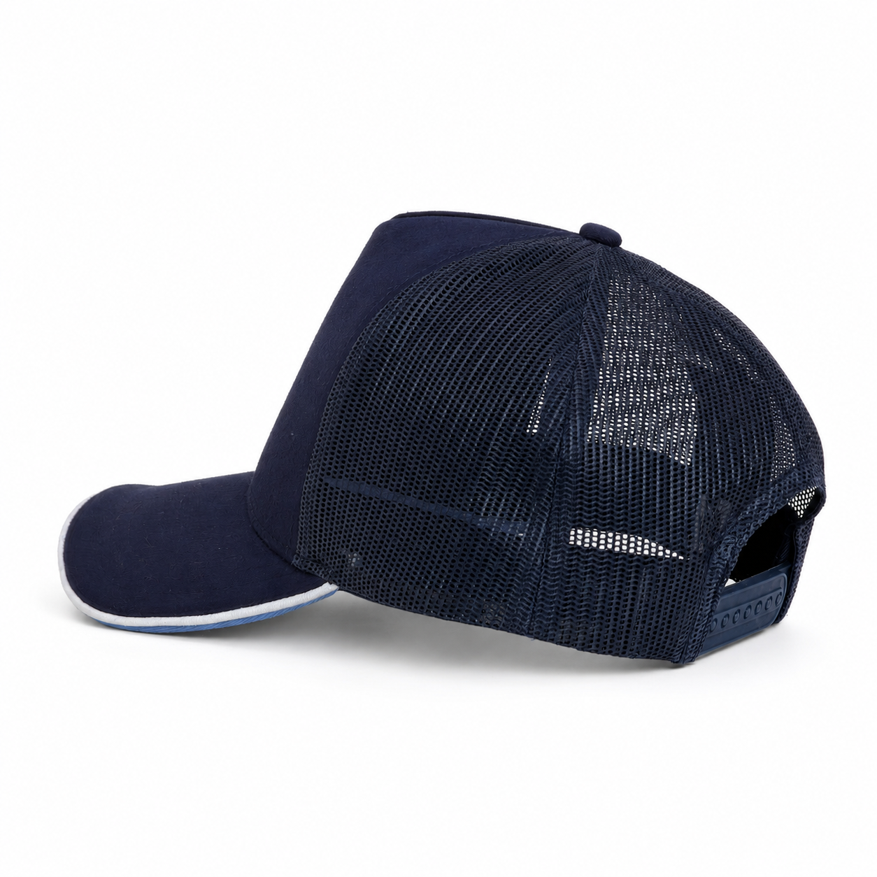 Navy blue mesh cap on a white background