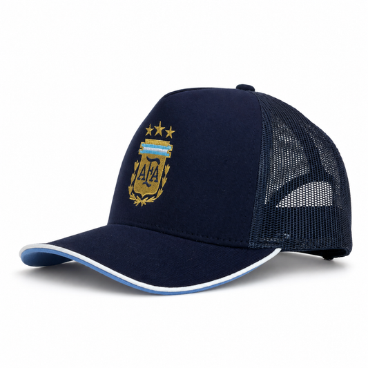 Navy blue cap with a logo on a white background