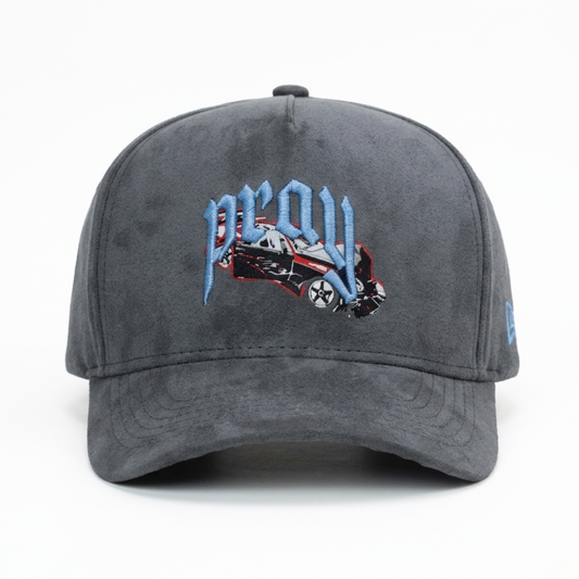 Gray cap with embroidered design on a white background