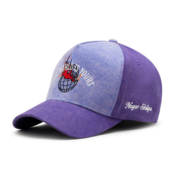 Purple and blue cap with logo and text on a white background