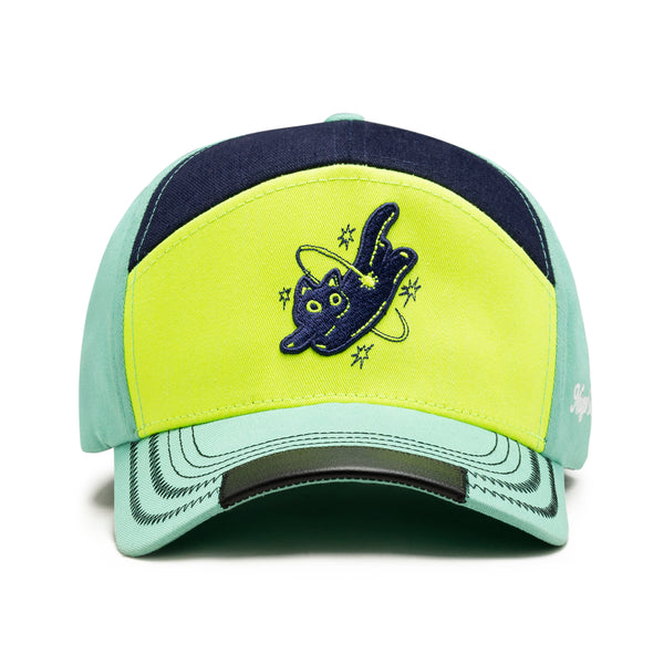 Colorful cap with a cat design on a white background