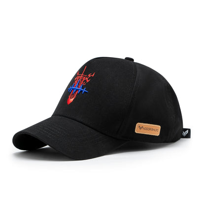 Black baseball cap with embroidered design on a white background
