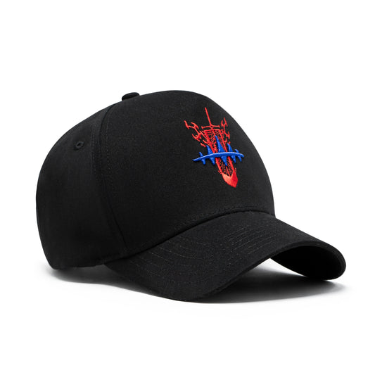 Black cap with red and blue logo on a white background