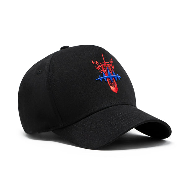 Black cap with red and blue logo on a white background