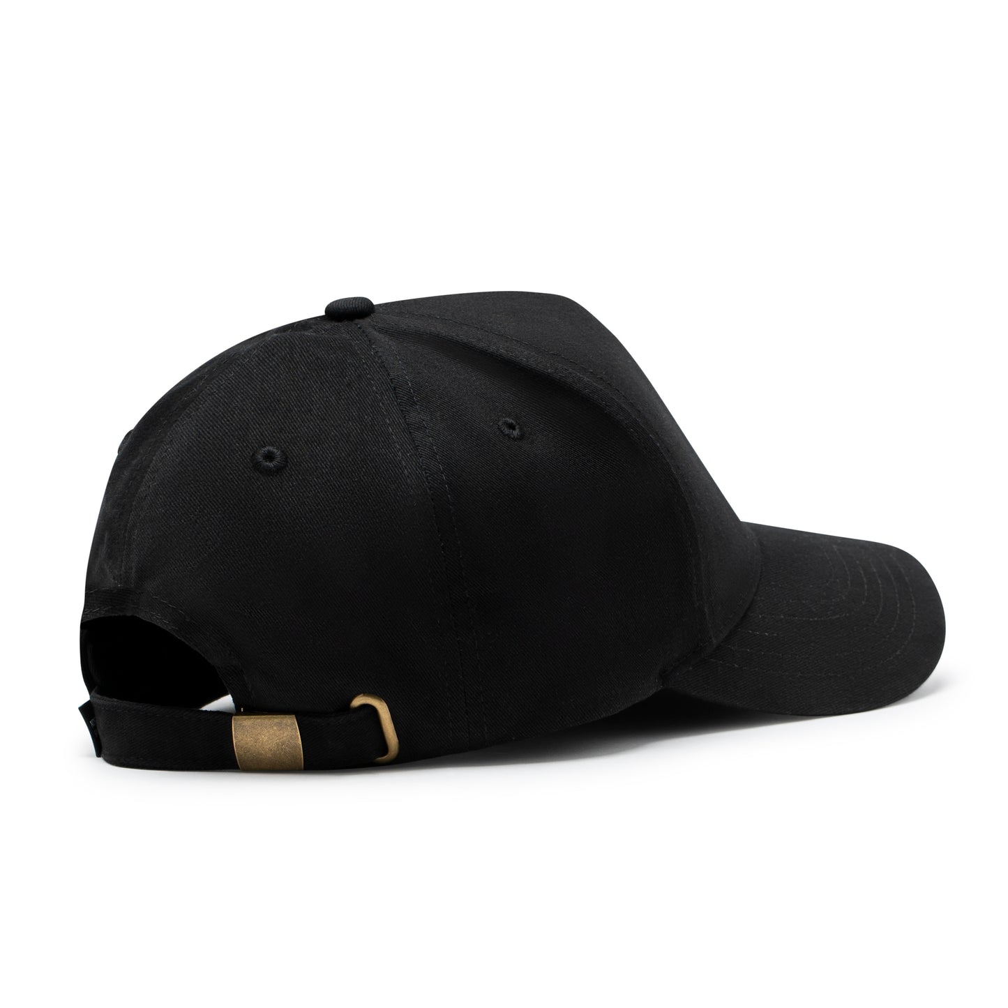Black cap with a brown strap on a white background