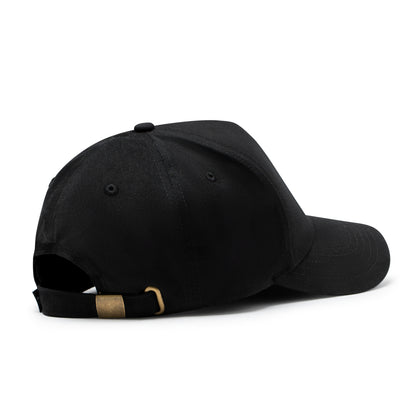 Black cap with a brown strap on a white background