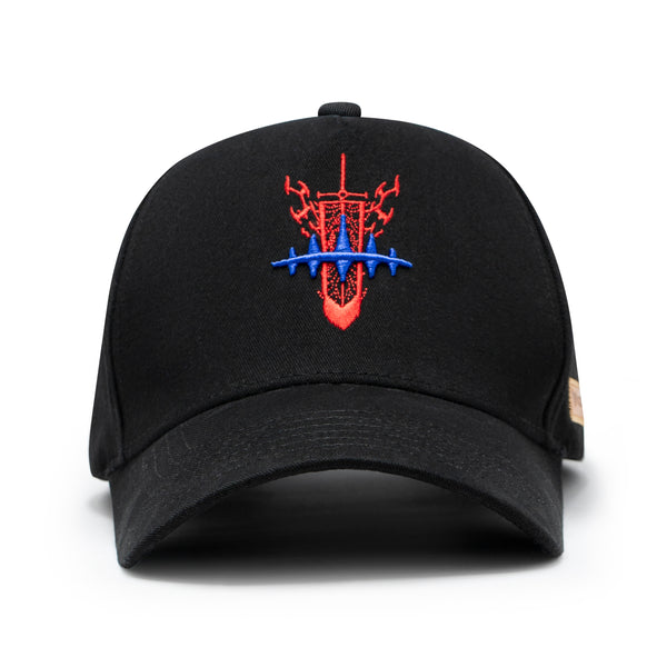 Black cap with red and blue embroidered design on a white background