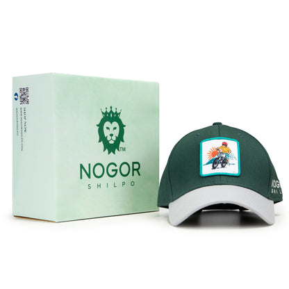 Green cap with a logo and a box labeled 'Nogor Shilpo' on a white background