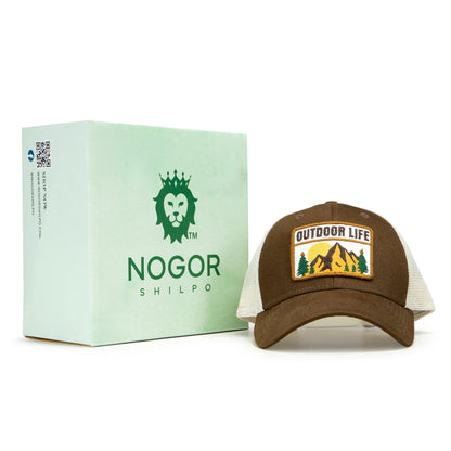 Brown cap with 'Outdoor Life' logo next to a Nogor Shilpo box on a white background