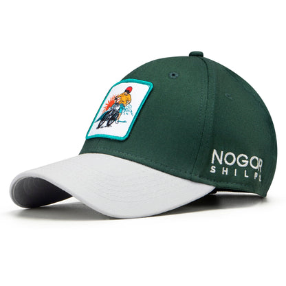 Green and white cap with a logo and text on a white background