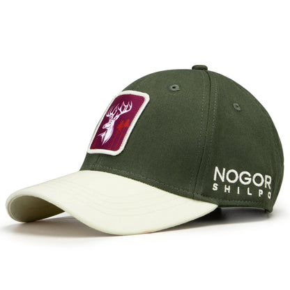 Green and white cap with a logo and text on a white background