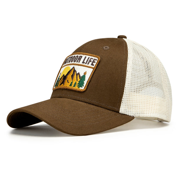 Brown and white cap with 'Outdoor Life' logo on a white background