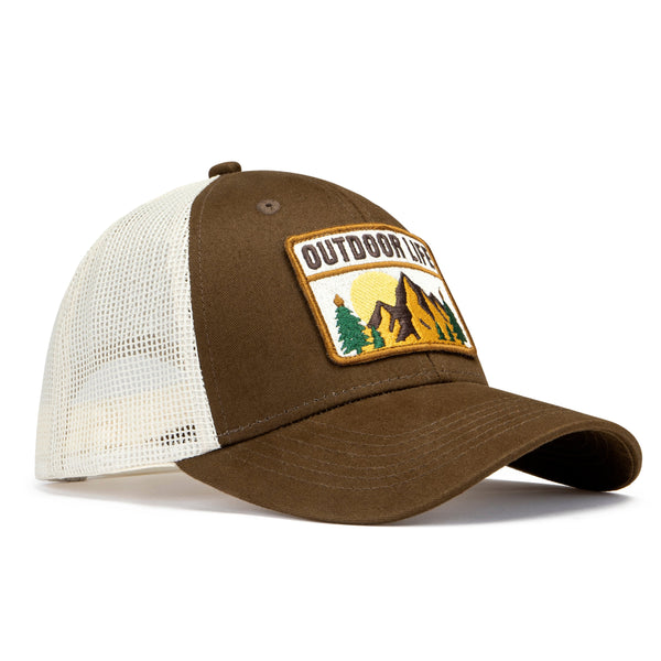 Brown and white cap with a patch on a white background