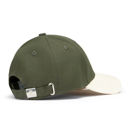 Green baseball cap with a white brim on a white background