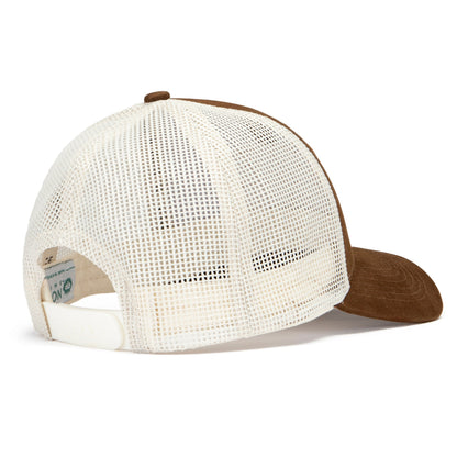 White mesh cap with brown visor on a white background