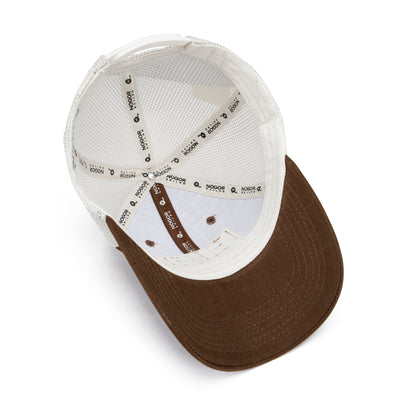 Brown and white cap with mesh back on a white background