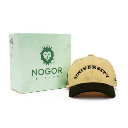 Beige cap with 'UNIVERSITY' text and black visor next to a green box with 'Nogor Shilpo' branding.