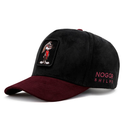 Black and burgundy cap with a logo and text on a white background