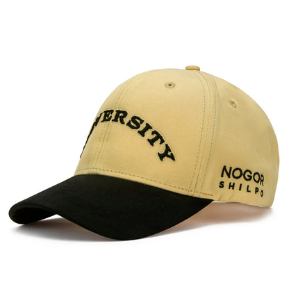 Beige and black cap with text on a white background