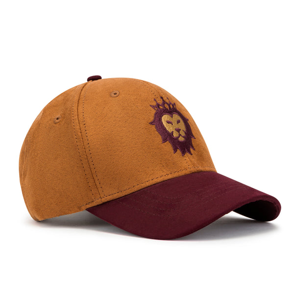 Brown and maroon baseball cap with a lion emblem on a white background