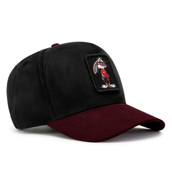 Black and maroon cap with a patch on a white background