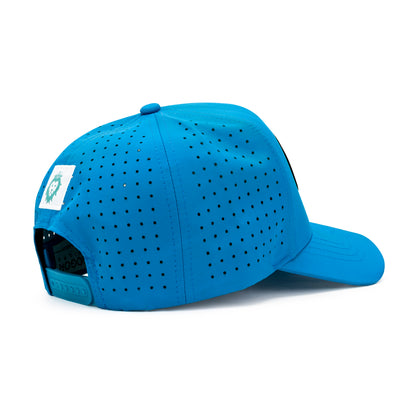 Blue perforated cap with a brand logo on a white background