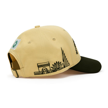 Beige cap with black embroidery on a white background