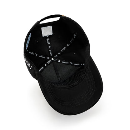 Black cap with white text on a white background