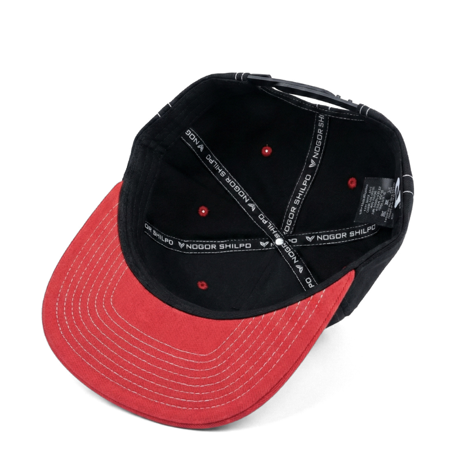Black and red cap with branding on a white background