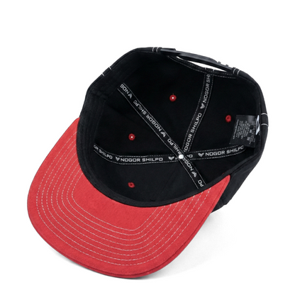 Black and red cap with branding on a white background