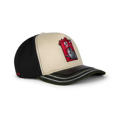 Black and beige cap with a red logo on a white background