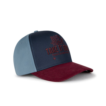 Two-toned cap with text on a white background