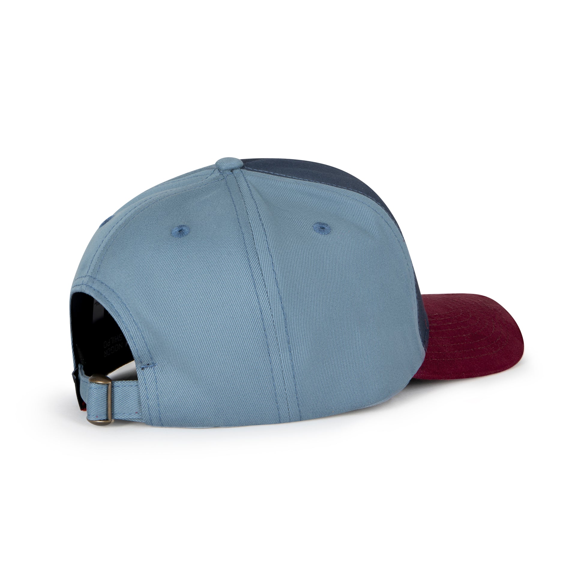 Two baseball caps, one gray and one maroon, on a white background