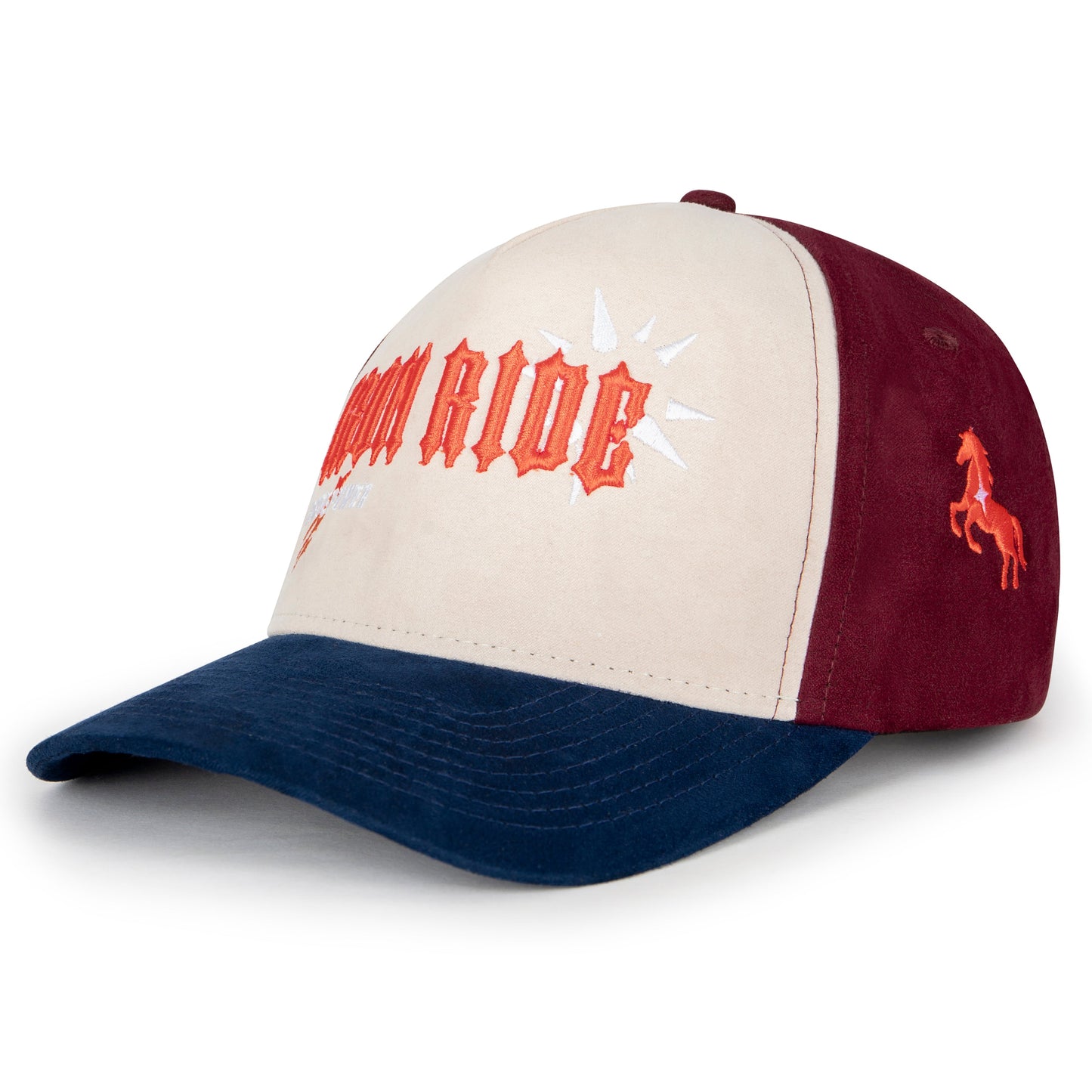 Color-blocked cap with text and logo on a white background