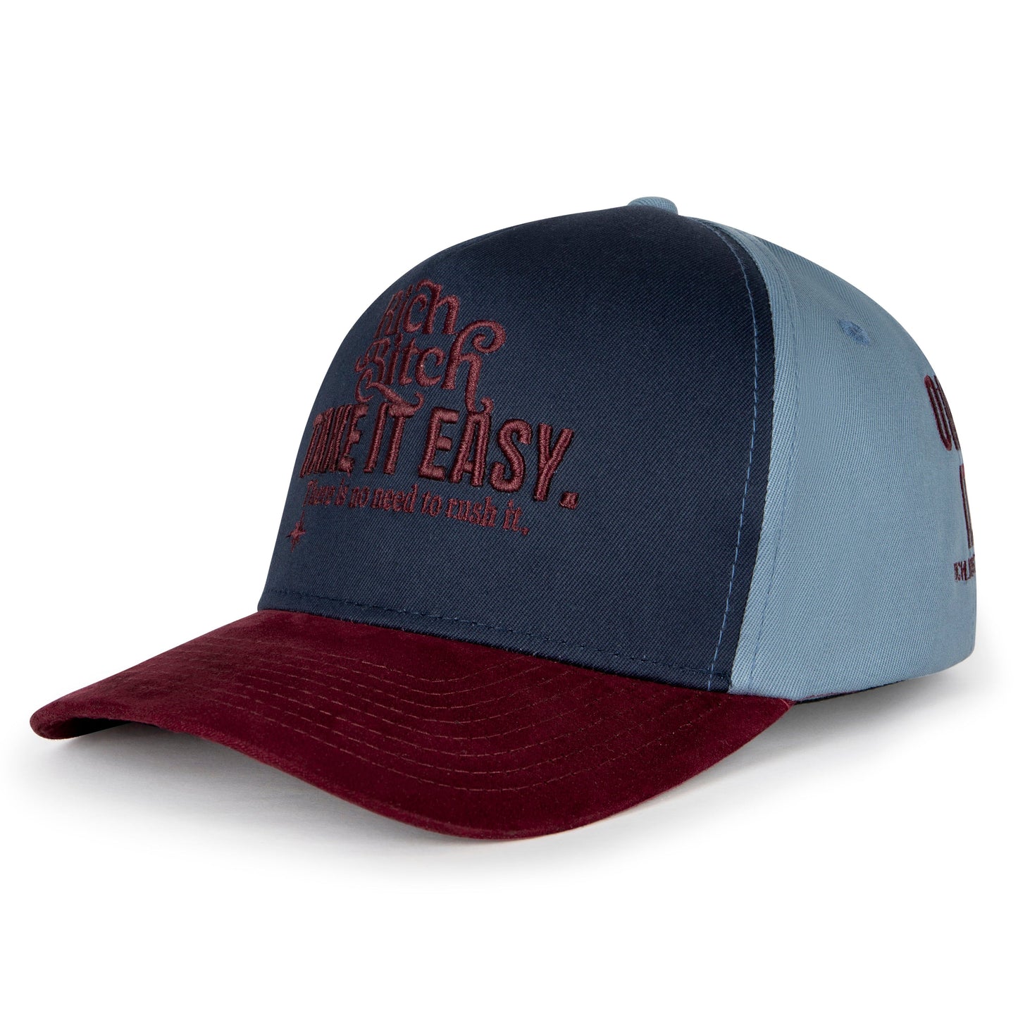 Two-tone cap with maroon and gray design on a white background