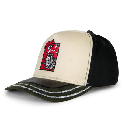 Two-tone cap with a red and black logo on a white background